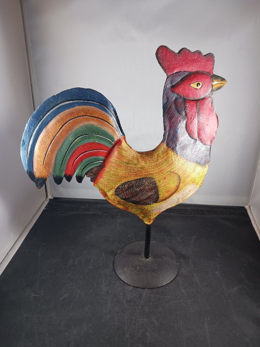 Rooster Metal Decor Puffed Pedestal Painted Tan Yellow 12" Barn Yard